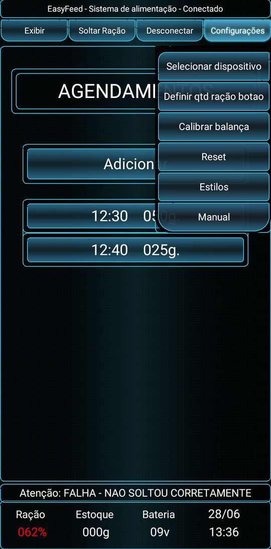 Aplicativo EasyFeed no celular: menu de configurações com seleção de dispositivo, calibração da balança, reset, estilos e manual