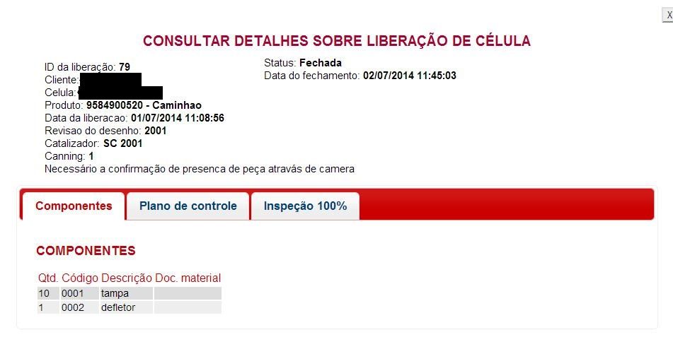 Tela de detalhes de uma liberação de célula no sistema Rastro, com abas de componentes, plano de controle e inspeção 100%