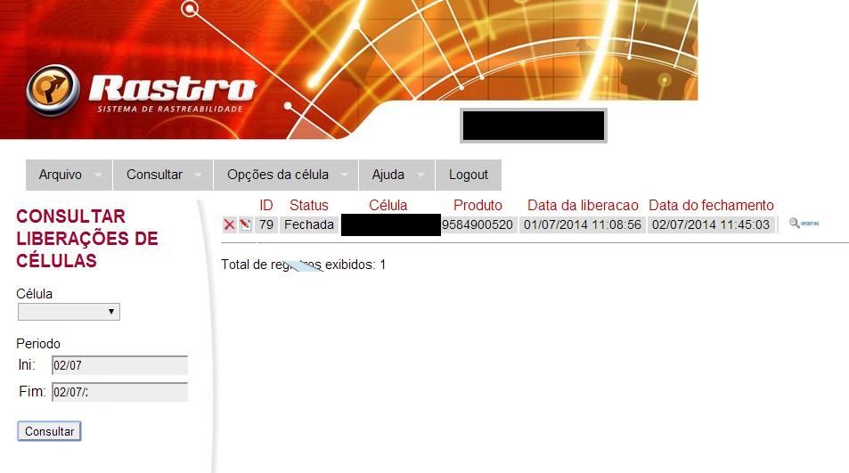 Tela de consulta de liberações de células no sistema Rastro, com filtro por célula e período